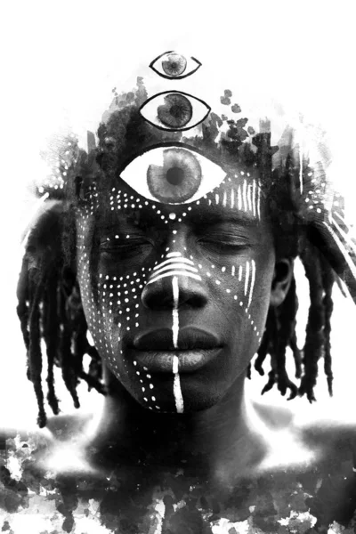 Malerei. Doppelbelichtung Porträt eines attraktiven afrikanischen Mannes — Stockfoto