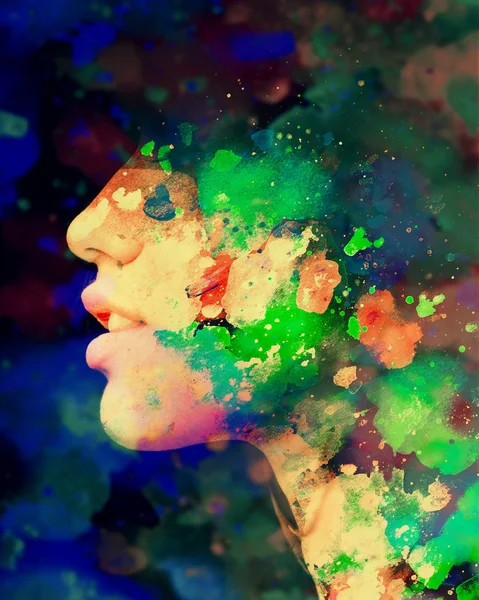 Paintography. Double exposure. Close up of an attractive peacefu — Stock Photo, Image