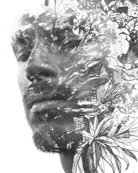 Paintography. Double exposure. Close up portrait of man with str — Stock Photo, Image