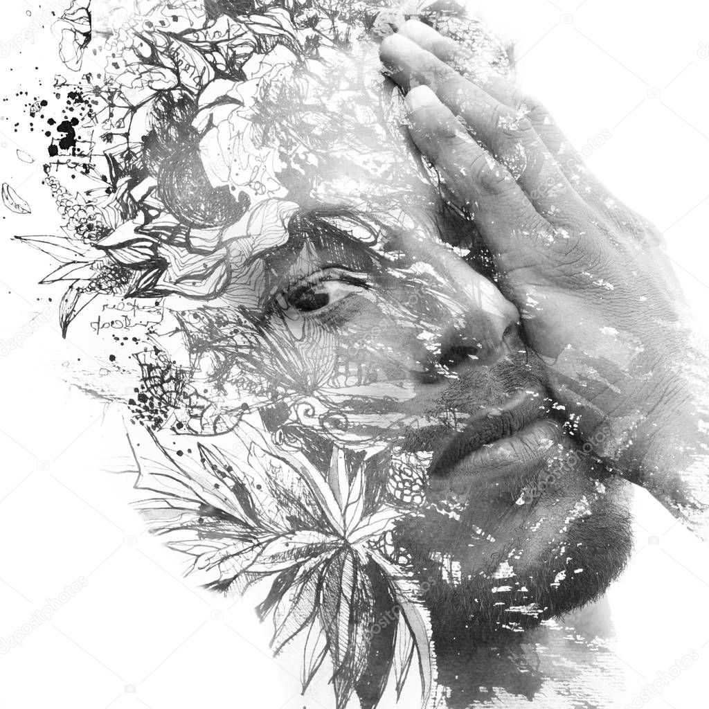 Paintography. Double exposure. Close up portrait of man with str