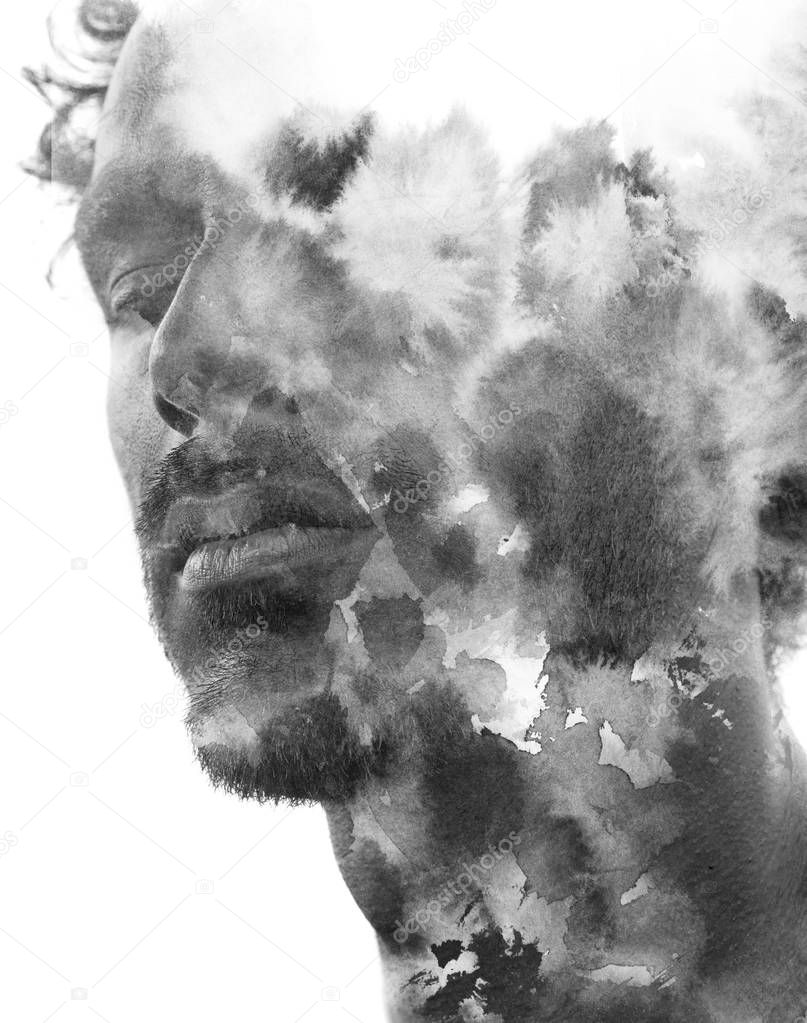 Paintography. Double exposure of an attractive male model combin