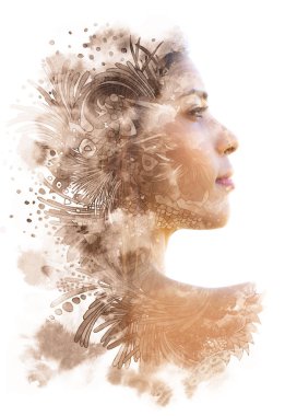 Çifte pozlama. Boya grafisi. Çekici bir profil portresi