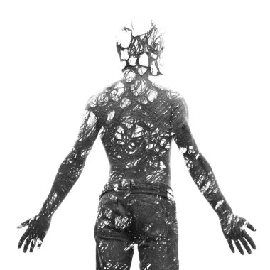 Boya grafisi. Genç gömleksiz erkek model bl çift pozlama