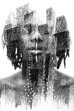 Boya grafisi. Yakın Afrikalı adam çift pozlama portre