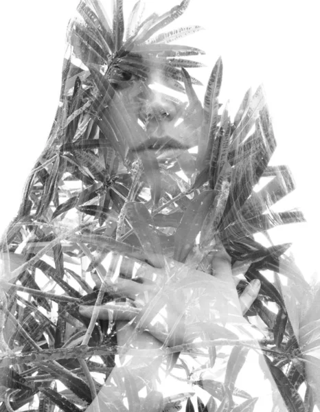 Double exposure portrait of a young natural beauty combined with — Stock Photo, Image