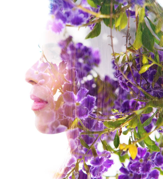 Double exposure of an exotic natural beauty's profile combined w — Stock Photo, Image