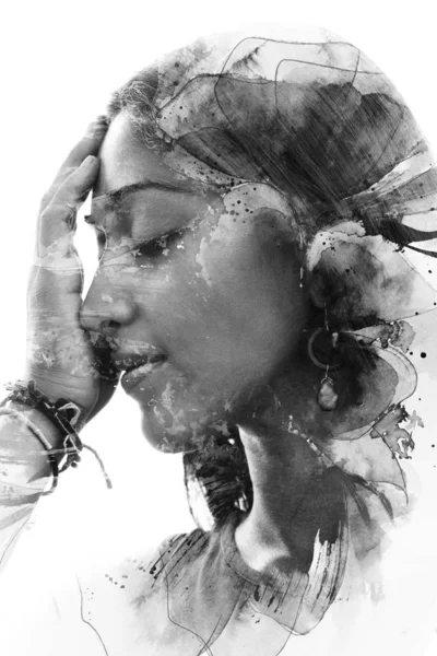 Pintografía. Retrato de doble exposición de una hermosa mujer étnica — Foto de Stock