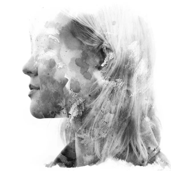 Paintography. Double exposure. Close up of an attractive model c — Stock Photo, Image