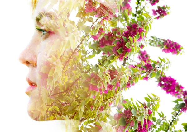 Double exposure of a young blonde natural beauty's profile combi — Stock Photo, Image