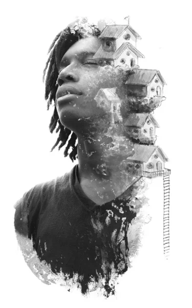 Malerei. Doppelbelichtung Porträt des afrikanischen Mannes kombiniert w — Stockfoto