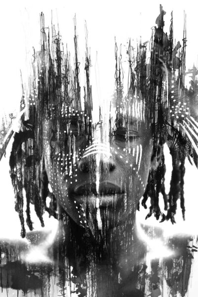 Double exposure of African man with traditional style face paint dissolving behind black ink lines, Paintography 