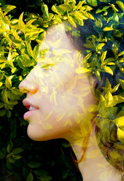 Double Exposure Profile Portrait Young Relaxed Natural Beauty Piercing Pouty — Stock Photo, Image