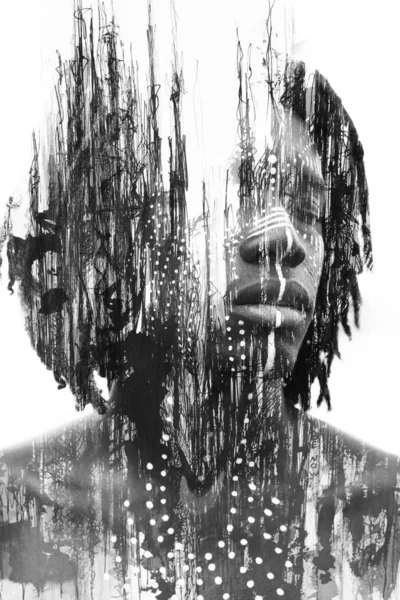 Double Exposure African Man Traditional Style Face Paint Dissolving Black — Stock Photo, Image