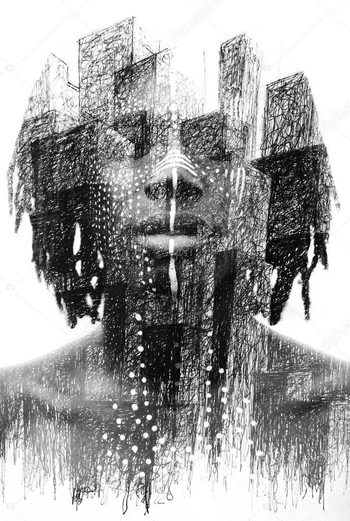 Paintography. Double exposure portrait of African man with close