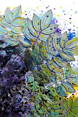 Renkli su ile karıştırma yaprakların el yapımı mürekkep çizimleri