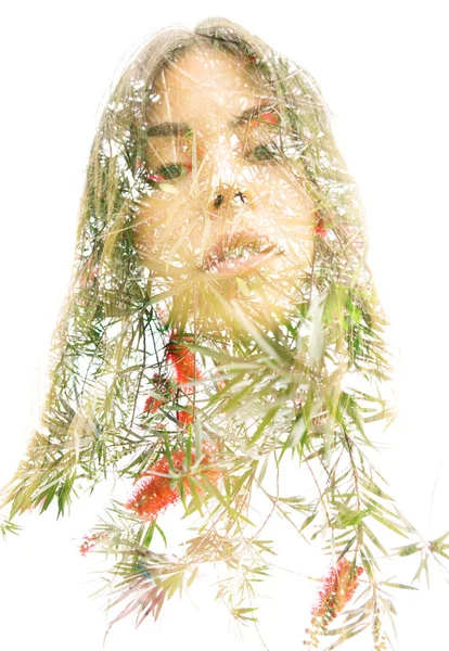 Double exposure of an elegant natural beauty looking into the ca — Stock Photo, Image