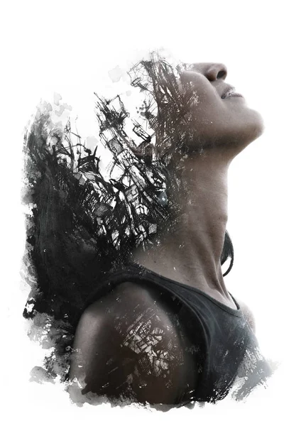 Paintography. Double Exposure portrait of a young woman with hea — Stock Photo, Image