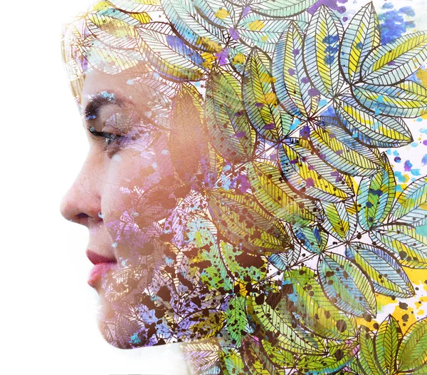 Paintography. Double exposure profile of a young natural beauty, — Stock Photo, Image