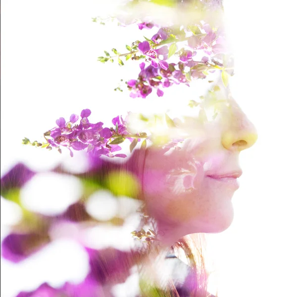 Double exposure of an young, happy woman���s profile combined wi — Stock Photo, Image
