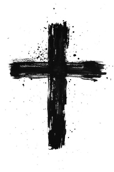 Hand painted black ink cross with brush stroke texture and splat