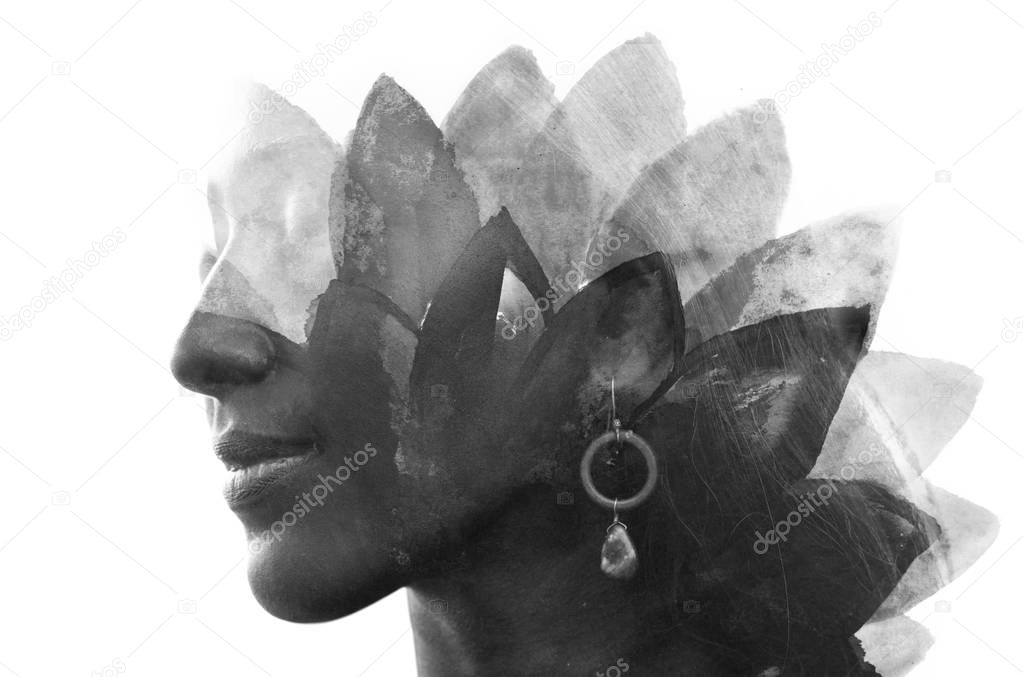 Paintography. Double exposure. Close up of a strong attractive m