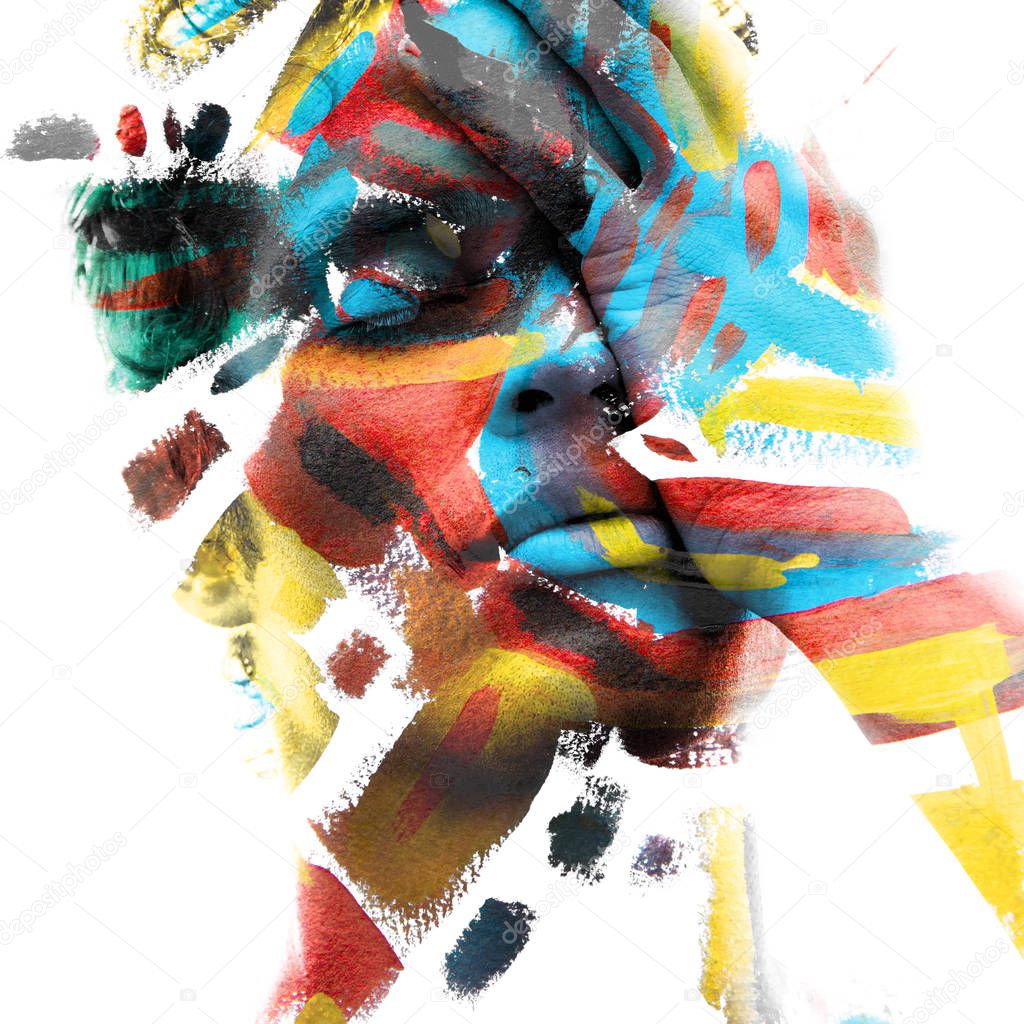 Paintography. Double exposure of an attractive male model with c