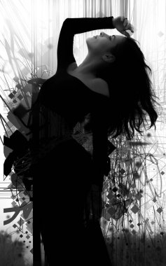 Portrait of a young, elegant, girl with a long dress and sharp features striking a dancers pose, black and white clipart
