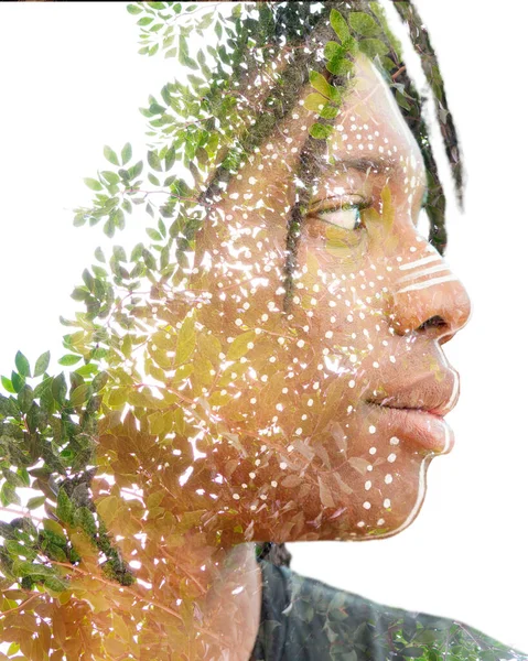 Young man double exposure portrait with leaves — Stock Photo, Image
