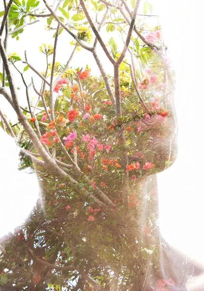 Surreal creative double exposure portrait — Stock Photo, Image