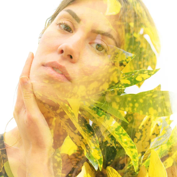Young woman double exposure portrait with leaves — Stock Photo, Image