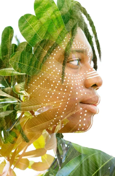 Young man double exposure portrait with leaves — Stock Photo, Image