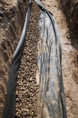 Geotextiles ve moloz çukurun dibinde