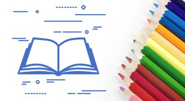 Açık kitap simgesi beyaz arka plan üzerinde izole kalem renkli sıra ile düz doğrusal tasarım grafik görüntü kavramı