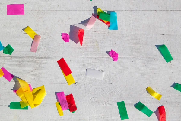 Multicolored Confetti White Painted Wooden Floor Table Background — Stock Photo, Image