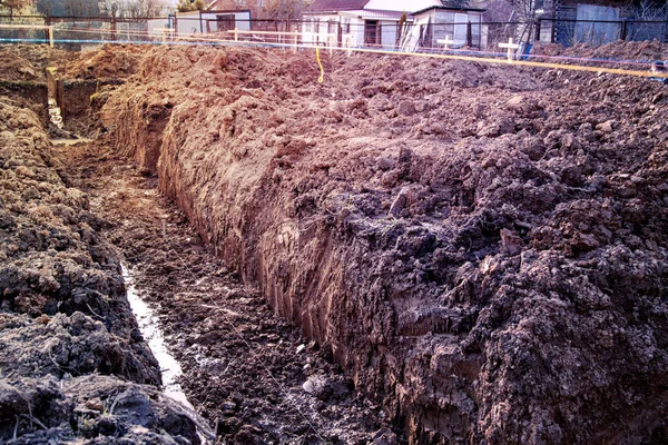 Trench Dug Hand Foundation Laying Drainage Lines Drawn Rope Evenness — Stock Photo, Image