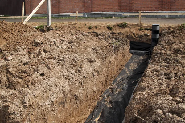 Laying Drainage Pipes Inspection Well Removal Water Site Construction House — Stock Photo, Image