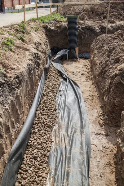 Tuberías Drenaje Pozo Inspección Para Extracción Agua Sitio Construcción Casa — Foto de Stock