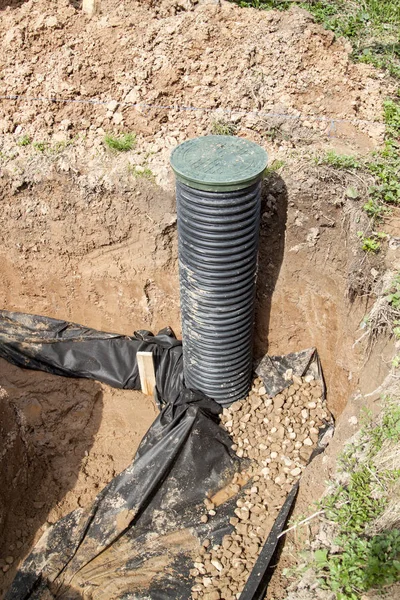 Tuberías Drenaje Pozo Inspección Para Extracción Agua Sitio Construcción Casa — Foto de Stock