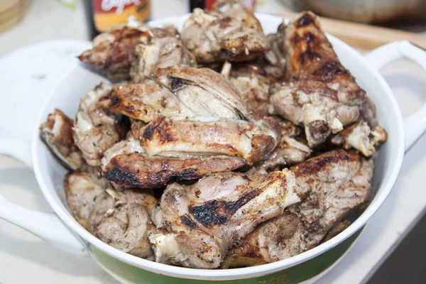 Close Tasty Cooked Juicy Pieces Lamb Lying Dish — Stock Photo, Image