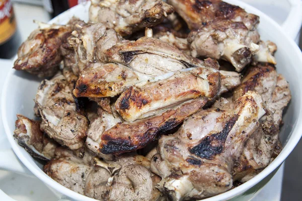 Close Tasty Cooked Juicy Pieces Lamb Lying Dish — Stock Photo, Image