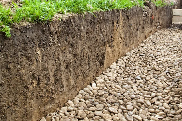 Close View Cut Soil Rubble Bottom Trench Dug Foundation — Stock Photo, Image