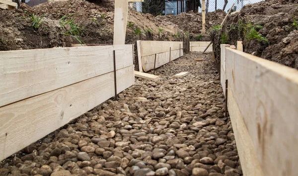 Close View Untreated Formwork Boards Rubble Bottom Trench Dug Foundation — Stock Photo, Image