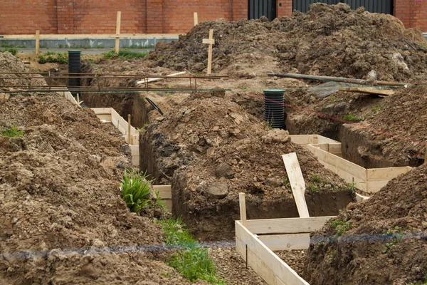 Inspection Well Drainage Pipe Trench Formwork Which Prepared Pouring Foundation — Stock Photo, Image