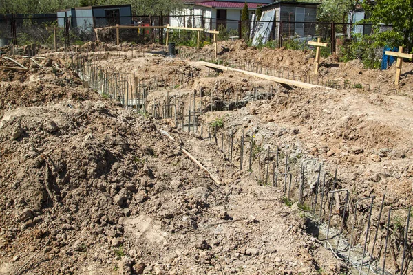 First Stage Pouring Foundation New Building Cement Reinforcements Steel Bars — Stock Photo, Image