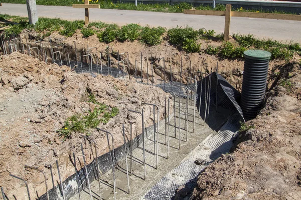 First Stage Pouring Foundation New Building Cement Reinforcements Steel Bars — Stock Photo, Image