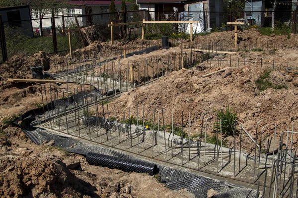 Első Szakaszának Ömlött Alapítvány Egy Épületben Cement Erősítést Acél Rúd — Stock Fotó