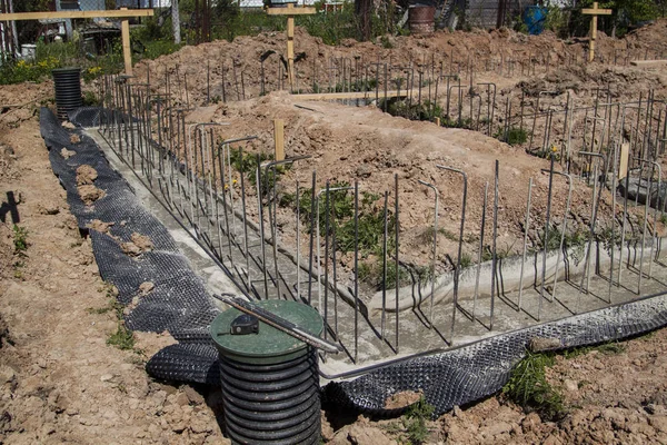 First Stage Pouring Foundation New Building Cement Reinforcements Steel Bars — Stock Photo, Image