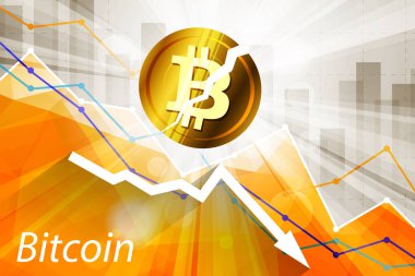 Bitcoin cryptocurrency arka plan aşağı ok ve istatistik grafik parlak ışınları kırık. Cryptocurrency düşen kriz kavramı