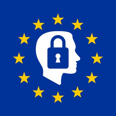 Genel veri koruma yönetmeliği (Gdpr) kilit kavram simgesi altında bir insan yüzü düz silueti