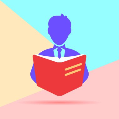 Düz modern pastel renkli sanat tasarım grafik görüntü kavramı kitap okuyucu simgesi pembe ve mavi zemin üzerine gölge ile